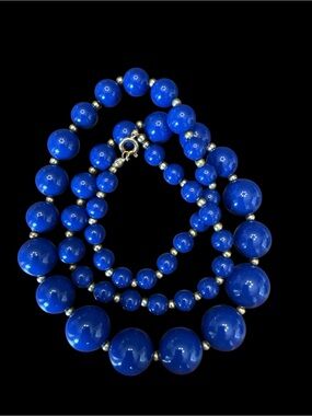 Vintage Cobalt Blue Beaded Necklace Gold Spacer Accents Chunky Statement